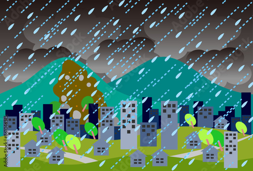 台風/大雨の街並みイラスト