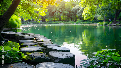 Beautiful colorful summer spring natural landscape with a lake in Park surrounded by green foliage of trees in sunlight and stone path in foreground : Generative AI