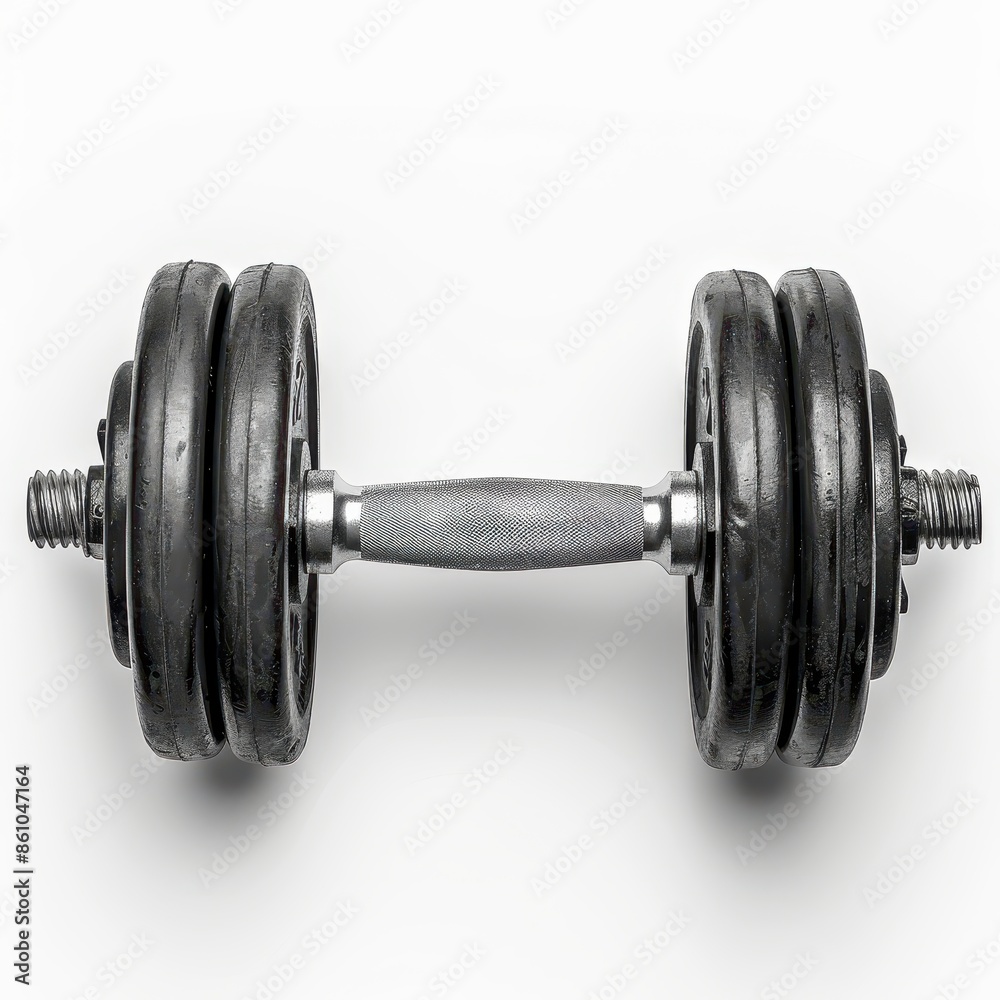 Close-up of a heavy dumbbell with multiple weight plates on each side, perfect for strength training and fitness routines. Close-up of a heavy dumbbell with multiple weight plates on each side, perfect for strength training and fitness routines.