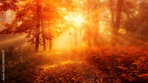 Autumn forest path Orange color tree red brown maple leaves in fall city park Nature scene in sunset fog Wood in scenic scenery Bright light sun Sunrise of a sunny day morning sunlight : Generative AI