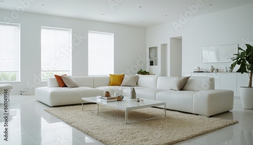 Modern, white minimalist interior with kitchen, sofa, wood floor, wall panels and marble kitchen island.