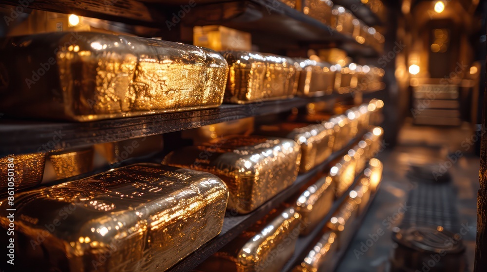 Gold bars are stacked in a vault. Demonstrates safety and stability in investment