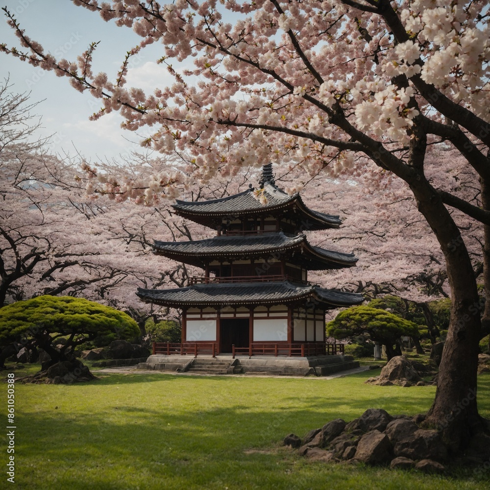 A garden with cherry blossoms and a pagoda
A garden with cherry blossoms and a pagoda