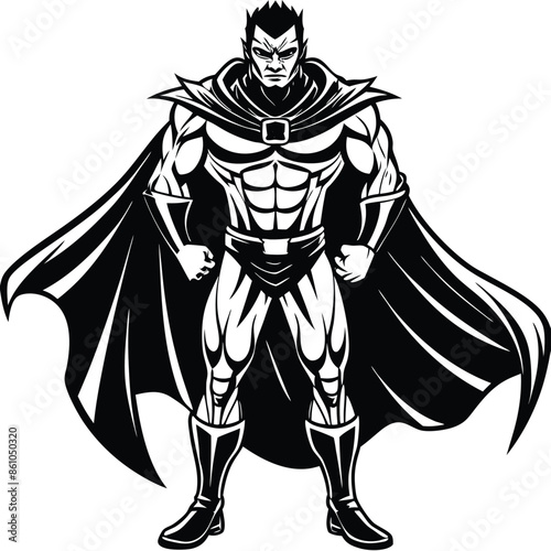 Black And White Illustration Of A Superhero Standing With His Arms Crossed