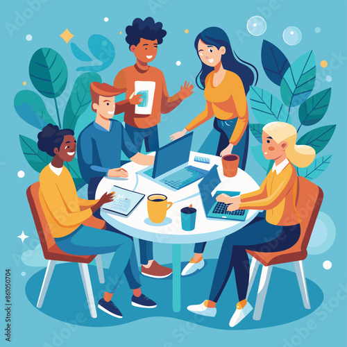 Diverse Team Collaborating On Project In Modern Office Setting, An illustration depicts a diverse team of four individuals working together on a project in a modern office setting.