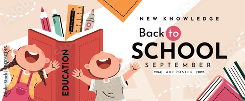 Back to School.School banner with a cute boy and girl on a background of books and stationery. Elements and objects on school themes, horizontal flat background.