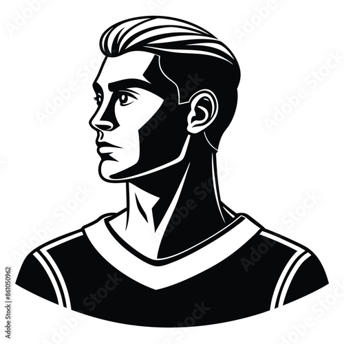 Black And White Illustration Of A Man In A Jersey Looking Away, This illustration is a black and white drawing of a man wearing a jersey. The man is looking to the right of the image.