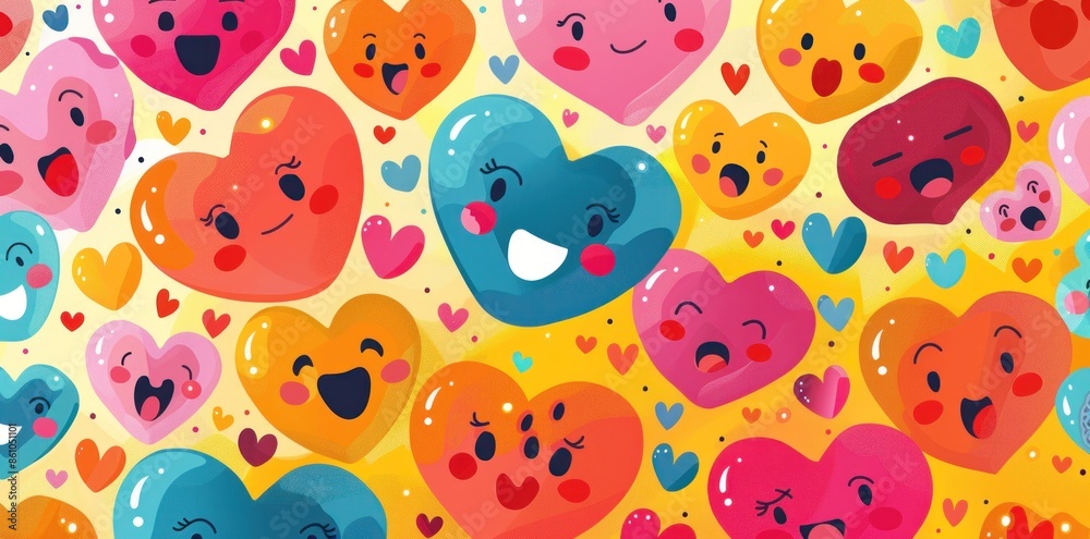 A Colorful Pattern of Hearts with Smiling Faces A Colorful Pattern of Hearts with Smiling Faces