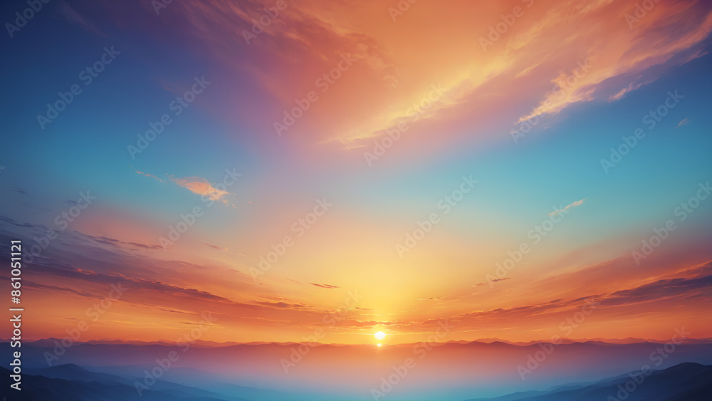 Obraz premium Fantasy vibrant gradient panoramic sunset sky cloud and sun