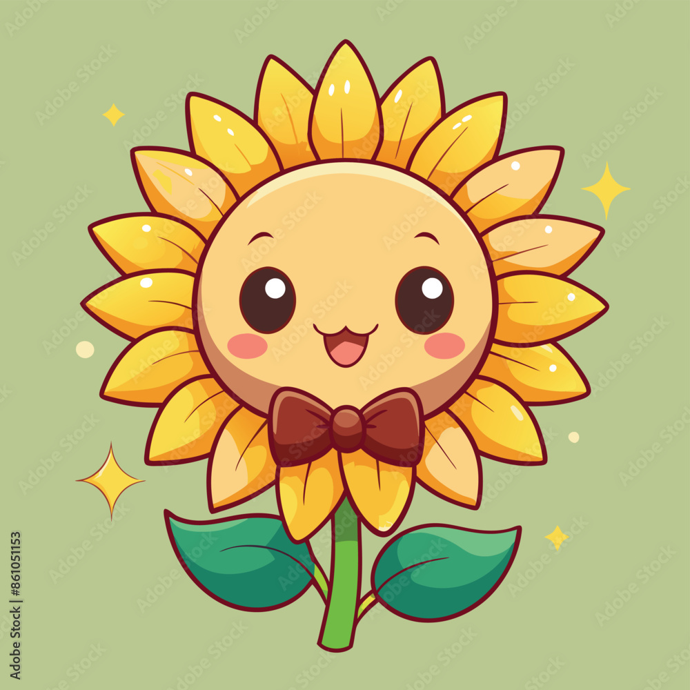 Fototapeta premium Cute Cartoon Sunflower With Bow Tie Illustration, A digital illustration of a cute cartoon sunflower with a bow tie. The sunflower has a large, yellow face with big, round eyes and a wide.
