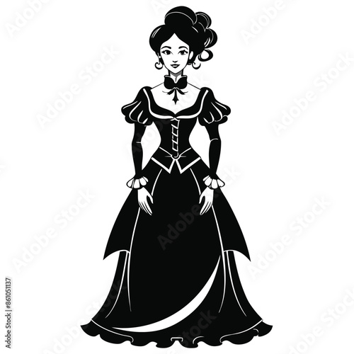 Black And White Silhouette Of A Woman Wearing A Corset And Dress, This is a black and white silhouette of a woman wearing a corset and a dress. Her hair is up in a bun and she has a bow at her neck.