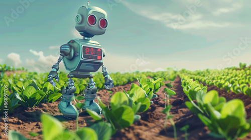  A cute robot is working in the vegetable field, with digital numbers on its body and green vegetables growing around it.  photo