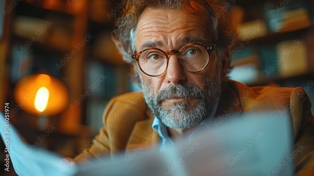 A Man in a suit jacket and glasses reading a report in a sleek office. A Man in a suit jacket and glasses reading a report in a sleek office.