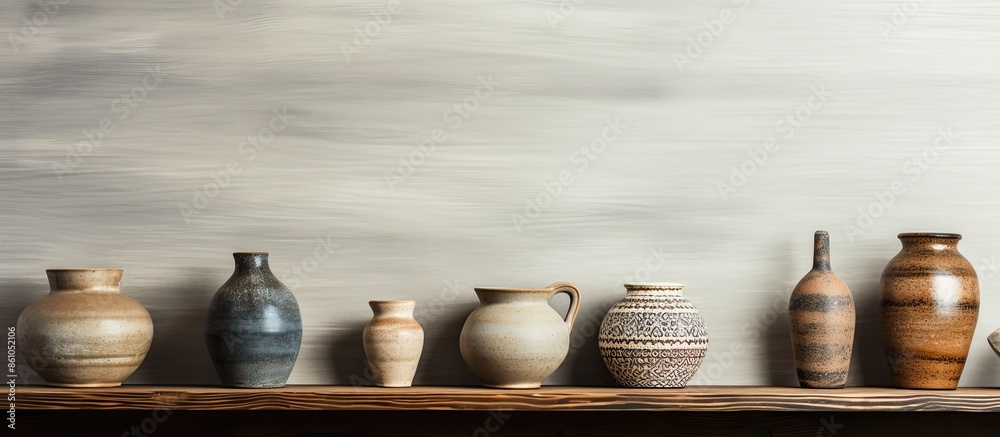 Handcrafted ceramic pottery displayed neatly on a wooden shelf against a wall, creating an artistic arrangement with copy space image. Handcrafted ceramic pottery displayed neatly on a wooden shelf against a wall, creating an artistic arrangement with copy space image.