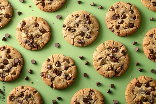 Numerous chocolate chip cookies are laid out sprawlingly on a green background, with some loose chocolate chips scattered around, creating a delicious visual appeal. photo