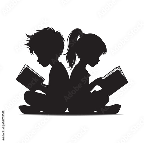 boy and girl reading book vector silhouette