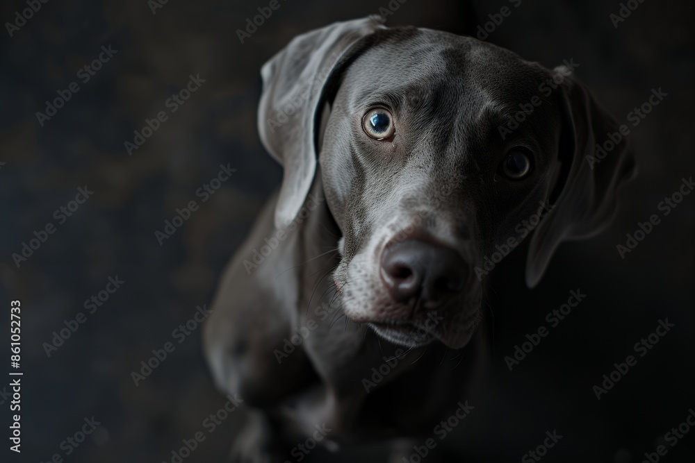 Weimaraner looking up, view from above, on dark floor, studio light, cinematic shot, cinematic lighting, volumetric lighting, bokeh Weimaraner looking up, view from above, on dark floor, studio light, cinematic shot, cinematic lighting, volumetric lighting, bokeh