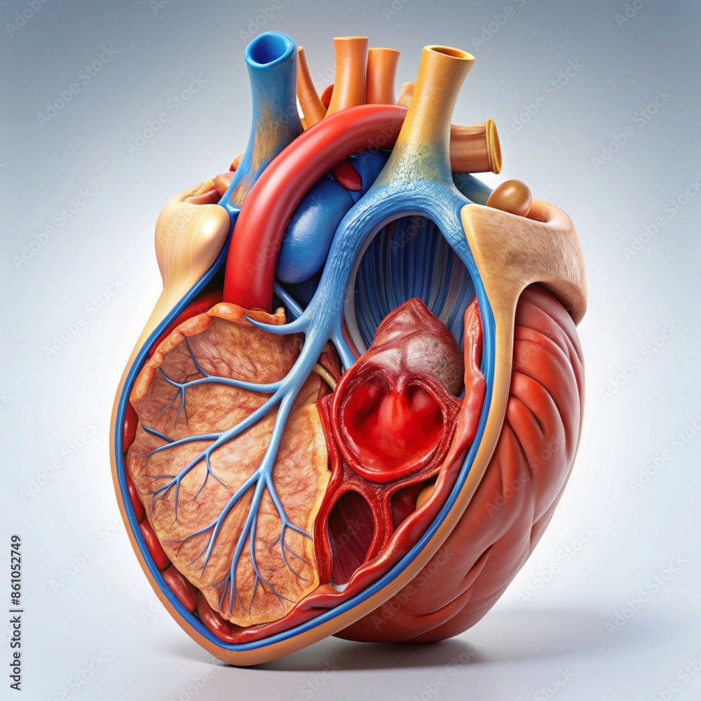 A cross-section of a human heart with its chambers and valves depicted in a vibrant and engaging way. Generative AI.