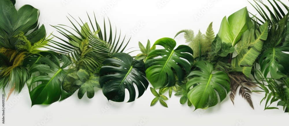 Tropical leaves arranged on a white backdrop for a banner with copy space image. Tropical leaves arranged on a white backdrop for a banner with copy space image.