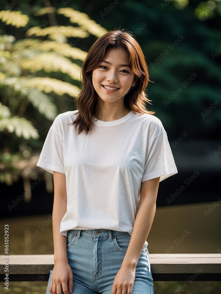 Serene Photoshoot of an Asian Woman in a White T-Shirt Against a Natural Backdrop. Great for T-Shirt Mockup and Fashion Advertising - Front View Serene Photoshoot of an Asian Woman in a White T-Shirt Against a Natural Backdrop. Great for T-Shirt Mockup and Fashion Advertising - Front View