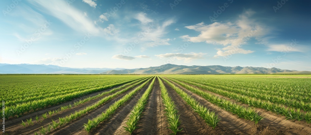 Agricultural landscape featuring young corn rows on a large field with rich soil and an expansive horizon, ideal for a copy space image. Agricultural landscape featuring young corn rows on a large field with rich soil and an expansive horizon, ideal for a copy space image.