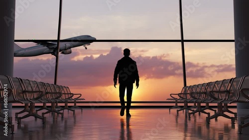 Silhouette of a man walking in the airport as the plane takes off during sunset.. 4k animation