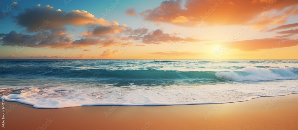 Panoramic beach landscape with a closeup of sea sand, featuring an inspiring tropical seascape horizon under a serene orange and golden sunset sky. Panoramic beach landscape with a closeup of sea sand, featuring an inspiring tropical seascape horizon under a serene orange and golden sunset sky.