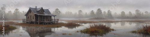 A foggy marshland with a quaint wooden cabin standing alone in the middle of the swamp, captured in thick oil paint to highlight the mysterious and tranquil scene, Generative AI