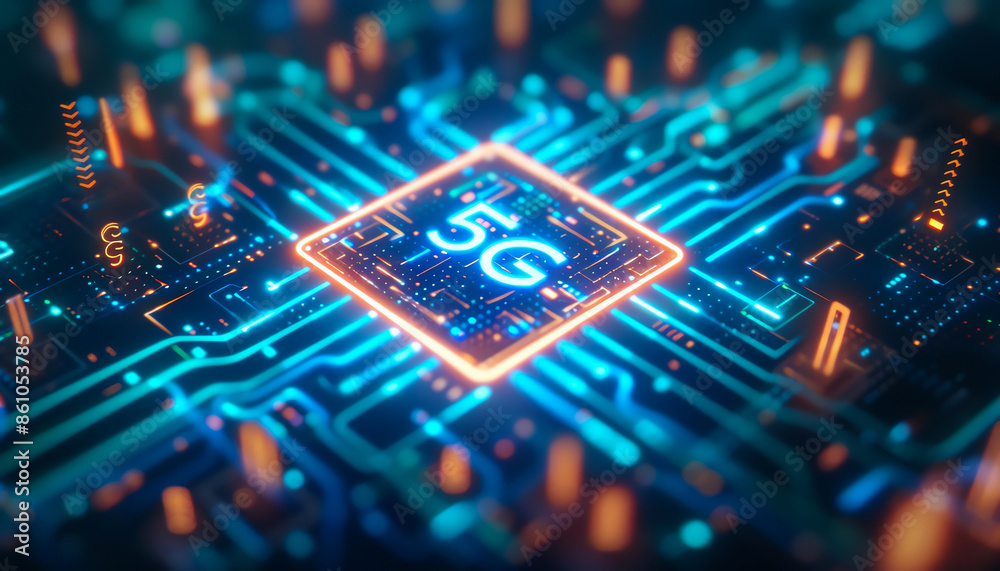 Close-up of 5G technology circuit board with glowing components, representing the future of high-speed wireless communication. Close-up of 5G technology circuit board with glowing components, representing the future of high-speed wireless communication.