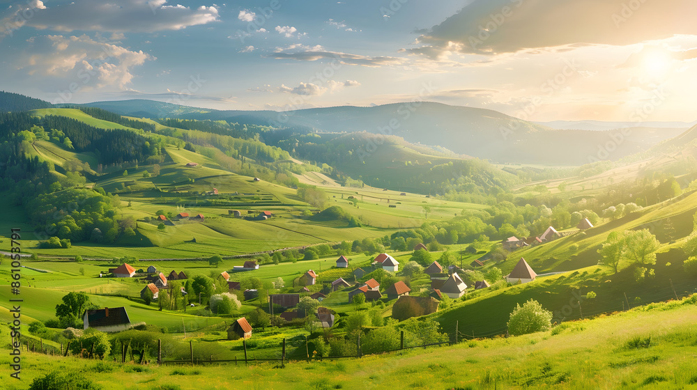 Obraz premium panorama of beautiful countryside of romania sunny afternoon wonderful springtime landscape in mountains grassy field and rolling hills rural scenery : Generative AI