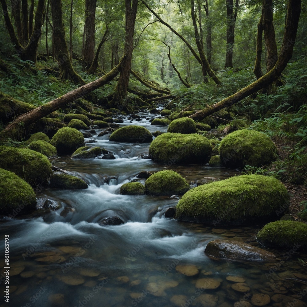 A tranquil forest with a bubbling brook. A tranquil forest with a bubbling brook.