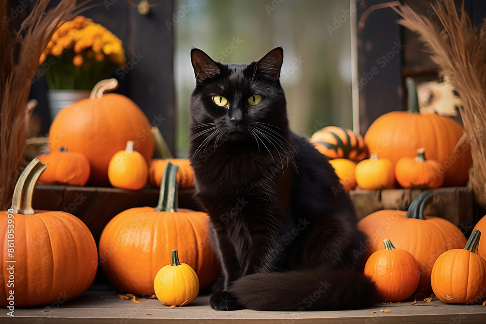 Black Cat With Green Eyes On A Porch With Pumpkins For Halloween Black Cat With Green Eyes On A Porch With Pumpkins For Halloween