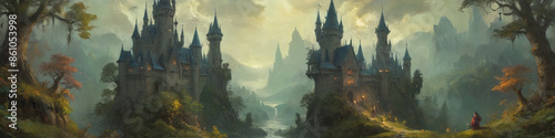 Wallpaper Mural An enchanted castle surrounded by a magical forest, with sorcerers and wizards practicing their spells, depicted in thick oil paint to emphasize the ethereal and enchanting atmosphere, Generative AI Torontodigital.ca