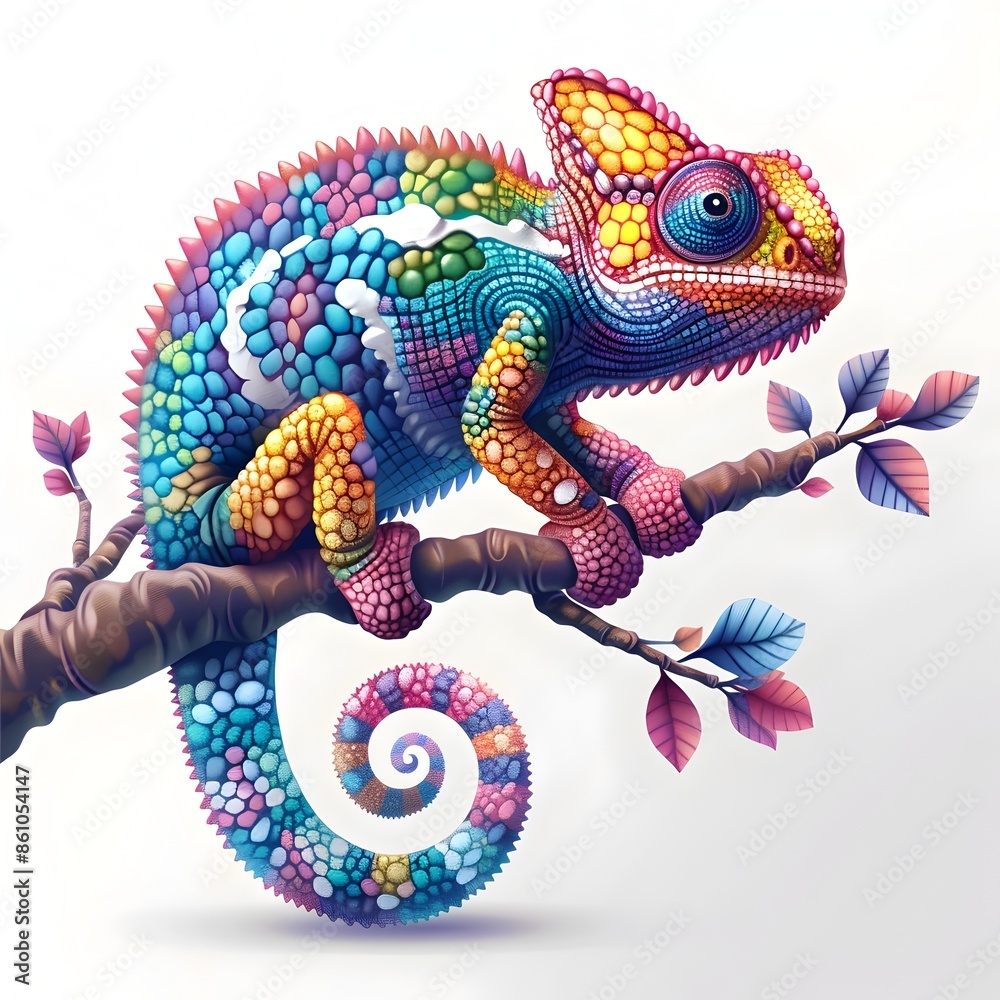 Fototapeta premium Vibrant Cartoon Chameleon Changing Colors on White Background with Detailed Scales and Smiling Face
