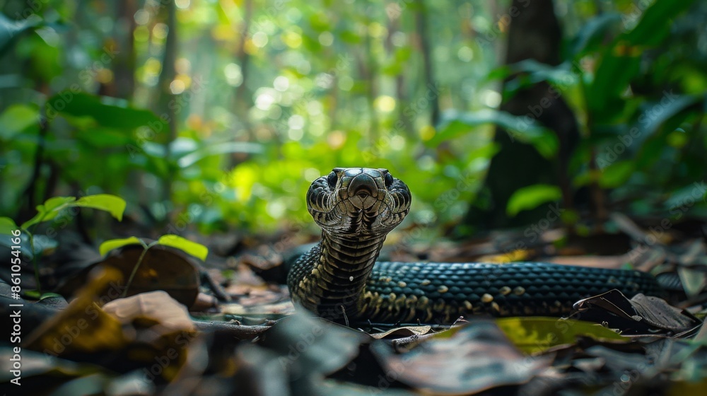 Fototapeta premium snake swimming in the water, surrounded by green grass and wild reptiles