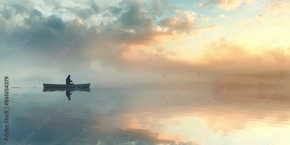 A solitary rower in a skiff on a serene lake encapsulating calm and reflection in nature A solitary rower in a skiff on a serene lake encapsulating calm and reflection in nature