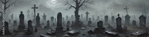 A creepy, fog-covered graveyard with skeletal zombies and ancient tombstones, rendered in thick oil layers to capture the macabre and haunting environment, Generative AI