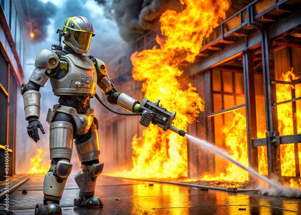 A robot firefighter using advanced technology to extinguish a fire safely and efficiently. Generative AI.
A robot firefighter using advanced technology to extinguish a fire safely and efficiently. Generative AI.