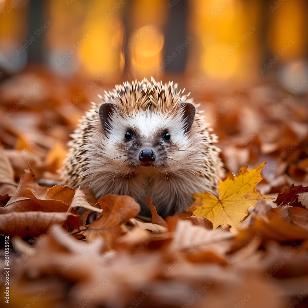 Cute Hedgehog Curled Up in Warm Autumn Leaves Cute Hedgehog Curled Up in Warm Autumn Leaves