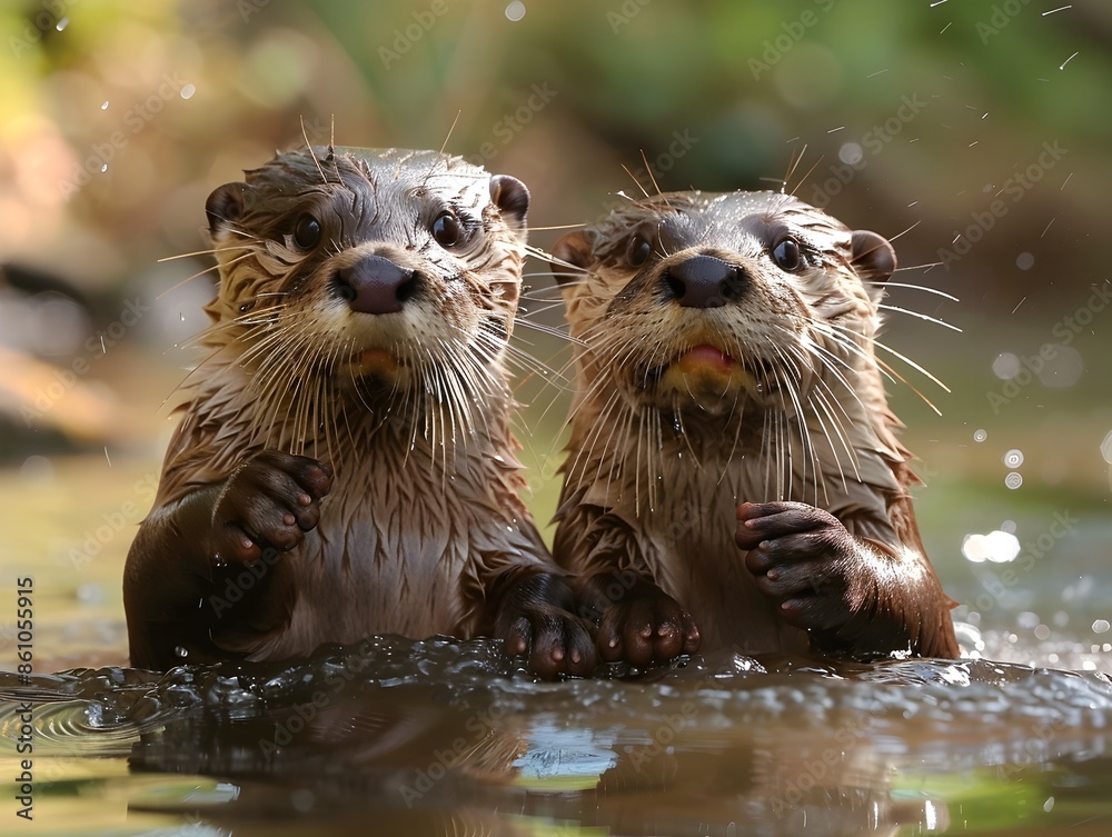 Playful Otters Floating Joyfully on Serene River with Detailed Fur