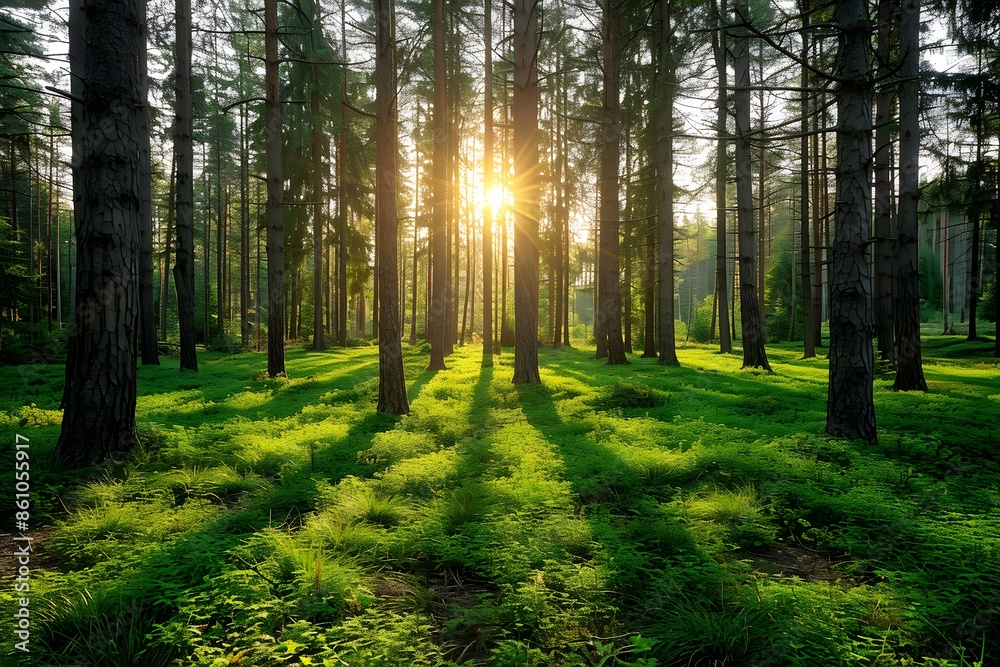 Obraz premium Serene Sunrise in a Lush Forest - Nature Landscape for Posters and Designs