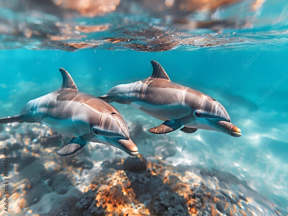Obraz premium Playful Dolphins Swimming Underwater in Vibrant Blue Ocean with Dynamic Interaction and Copy Space