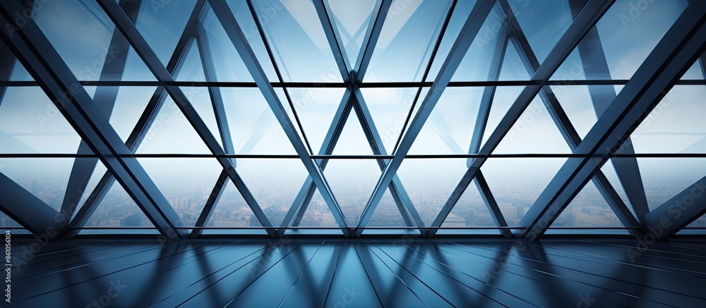 A modern abstract architectural design showing triangular surfaces, windows, and steel panels against a ceiling inside an industrial or office building. A modern abstract architectural design showing triangular surfaces, windows, and steel panels against a ceiling inside an industrial or office building.