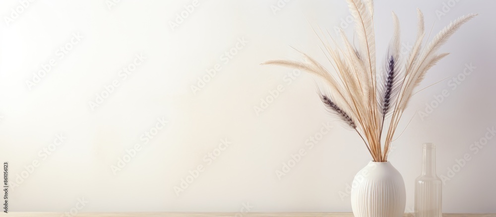 Soft home decor featuring a glass vase with spikelets and wooden plate on a white wood background in an interior setting with copy space image. Soft home decor featuring a glass vase with spikelets and wooden plate on a white wood background in an interior setting with copy space image.