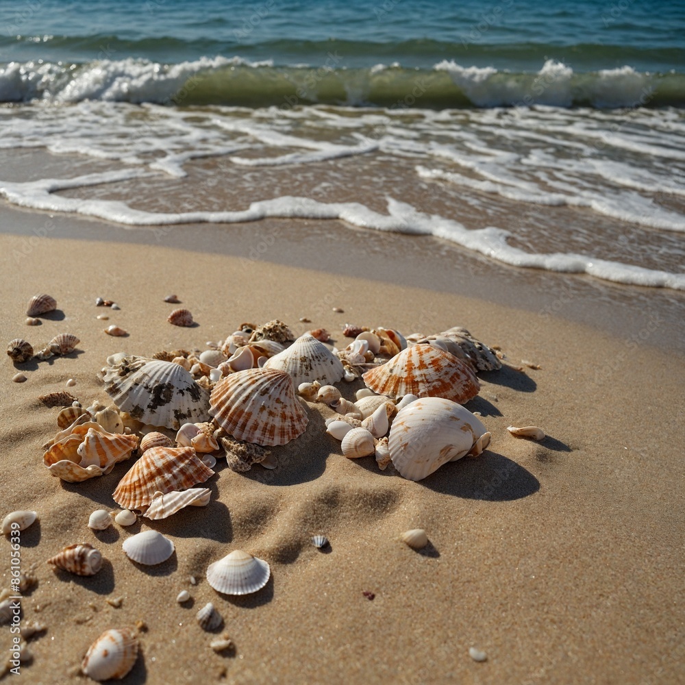 A sandy beach with seashells and gentle waves. A sandy beach with seashells and gentle waves.