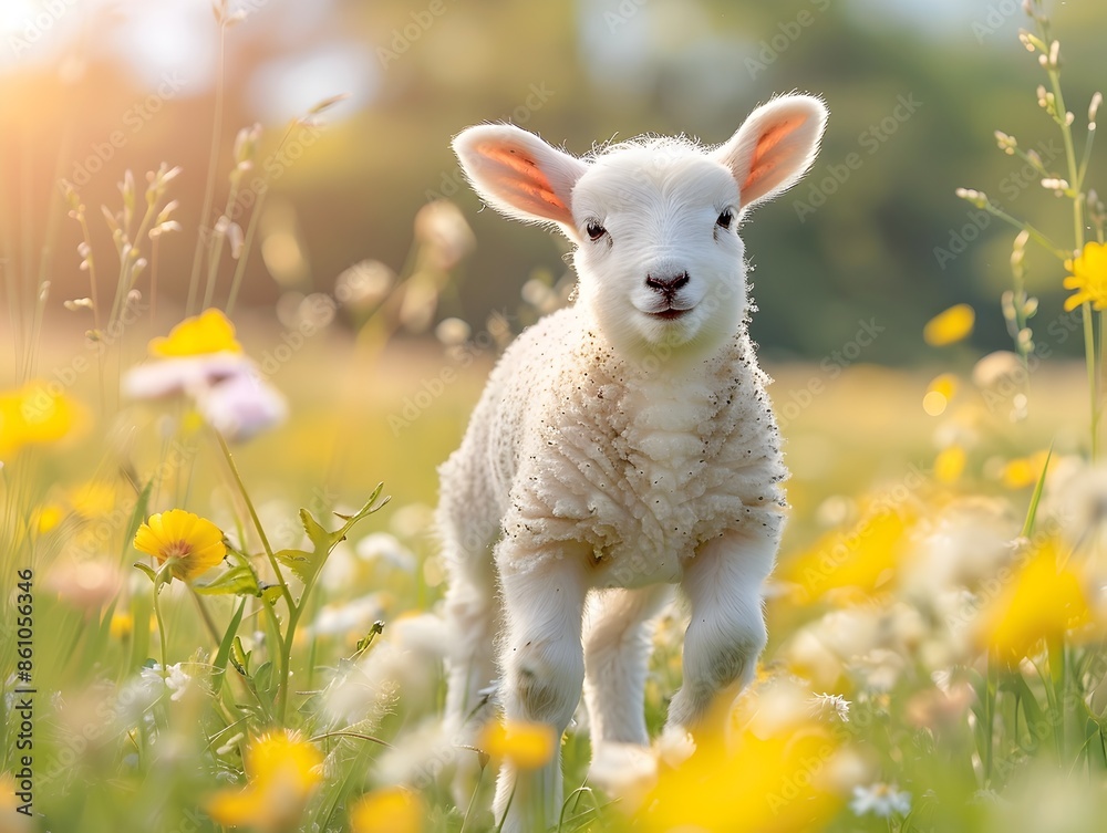 Naklejka premium Adorable Lamb Frolicking in Vibrant Spring Meadow with Friendly Expression