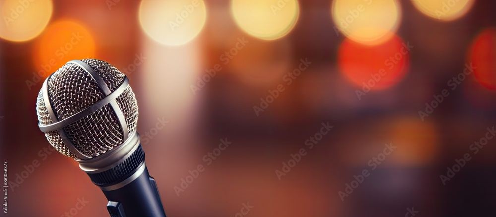 Obraz premium Microphone on stand with foam pad in focus, creating a blurred background with copy space image.