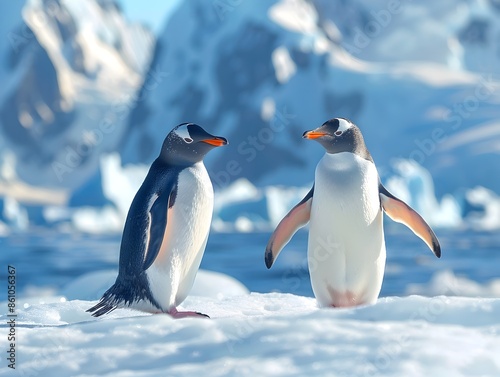 Playful Penguins Sliding on Vibrant Antarctic Ice Landscape with Detailed Feathers and Copy Space © Thares2020