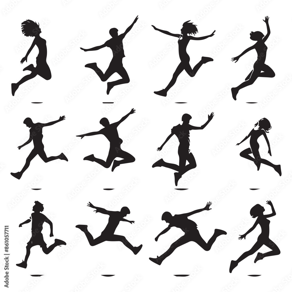 Silhouette set of a person jumping Silhouette set of a person jumping