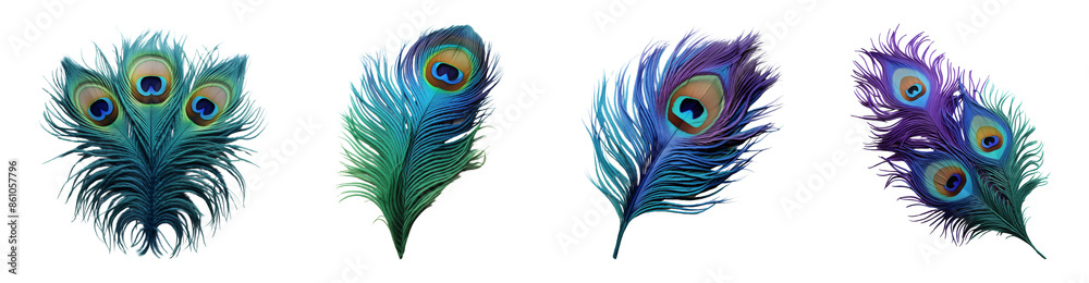 Obraz premium Set of knitted peacock feathers decor. Isolated on a transparent background. Exotic luxurious decor.